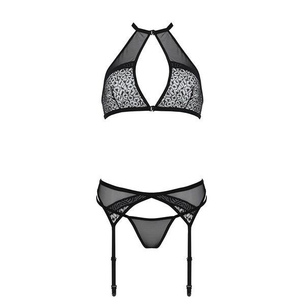Комплект білизни Passion SATARA SET XXL/XXXL black, топ, пояс для панчіх, стрінги SO8483
