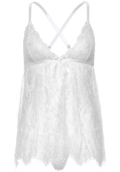 Сорочка бебі-дол Leg Avenue Floral lace babydoll & string White S, стрінги SO9172