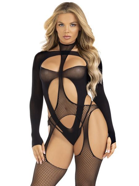 Бодистокинг 2 в 1 Leg Avenue Bodystocking with cutout teddy, One Size, черный, чулки-сетки и тедди SX1087