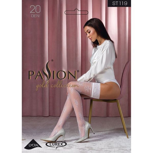 Панчохи Passion ST119 3/4 white, ажурна силіконова резинка з квітковим декором і люрексовою ниткою SO5783