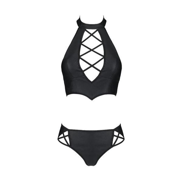 Комплект из экокожи Passion NANCY BIKINI 6XL/7XL black, бра и трусики с имитацией шнуровки SO7103