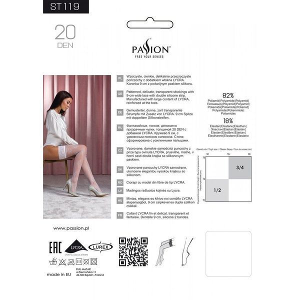 Панчохи Passion ST119 3/4 white, ажурна силіконова резинка з квітковим декором і люрексовою ниткою SO5783