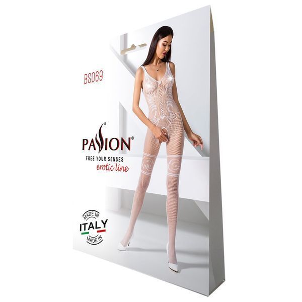 Бодистокинг Passion BS069 white, комбинезон, имитация чулок и боди PBS069W