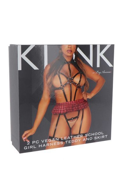 BDSM-костюм учениці Leg Avenue Harness teddy & skirt L Black, портупея, мініспідниця, екошкіра SO8569