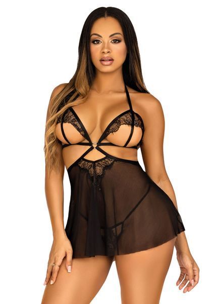 Сорочка беби-долл с открытыми чашками Leg Avenue Lace and mesh babydoll & panty Black M, стринги SO9164