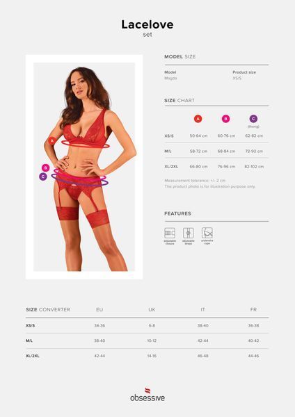 Комплект белья Obsessive Lacelove cupless 3pcs set XS/S Red, бюстгальтер, стринги, пояс для чулок SO8655