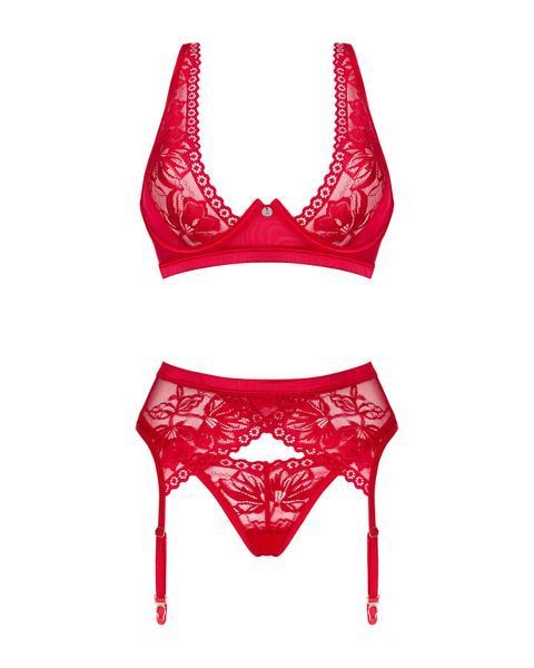 Комплект белья Obsessive Lacelove cupless 3pcs set XS/S Red, бюстгальтер, стринги, пояс для чулок SO8655