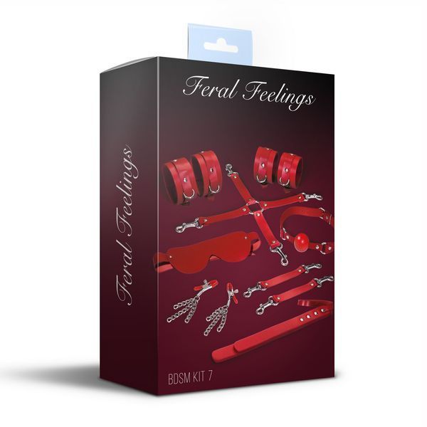 Набор Feral Feelings BDSM Kit 7 Red, наручники, поножи, коннектор, маска, паддл, кляп, зажимы SO8277