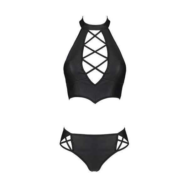 Комплект з еко-шкіри Passion NANCY BIKINI S/M, black, бра та трусики з імітацією шнурівки SO5368