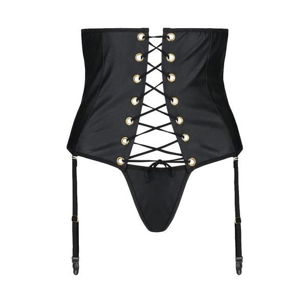 Пояс-корсет из экокожи Passion CELINE SET with Open Bra 6XL/7XL, black, шнуровка, пажи, стринги SO7064