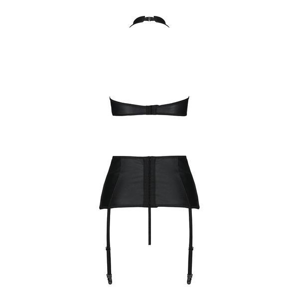 Комплект з еко-шкіри з імітацією шнурівки Passion NANCY SET S/M black топ, трусики, пояс для панчіх SO5374