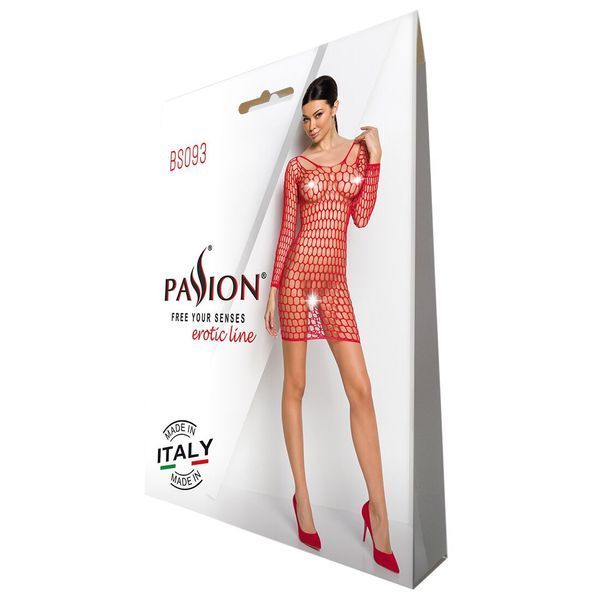 Бодистокинг-платье с глубоким воротом Passion BS093 red, длинные рукава SO6398