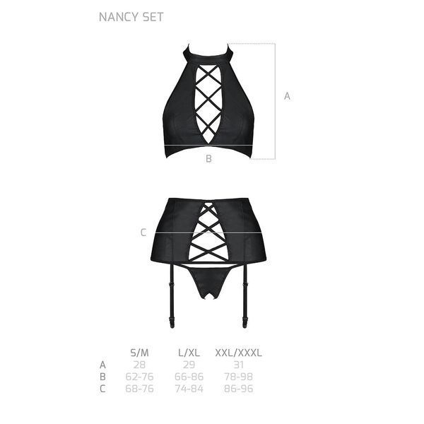 Комплект з еко-шкіри з імітацією шнурівки Passion NANCY SET S/M black топ, трусики, пояс для панчіх SO5374