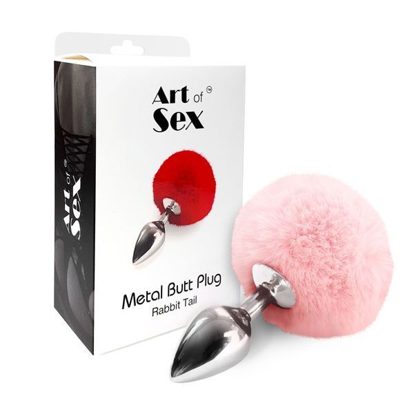 Металева анальна пробка М Art of Sex - Metal Butt plug Rabbit Tail Soft pink, діаметр 3,4 см SO6692