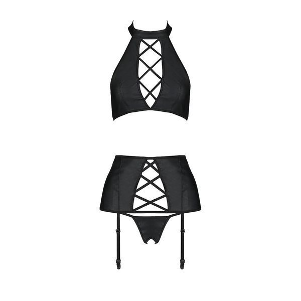 Комплект з еко-шкіри з імітацією шнурівки Passion NANCY SET S/M black топ, трусики, пояс для панчіх SO5374