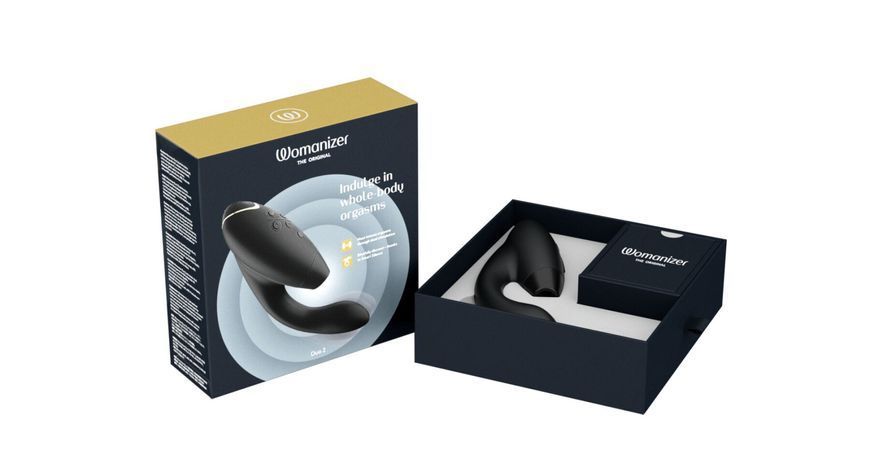 Подвійний вакуумний кліторальний стимулятор з вібрацією Womanizer Duo 2 - Black, незалежні мотори SO8754