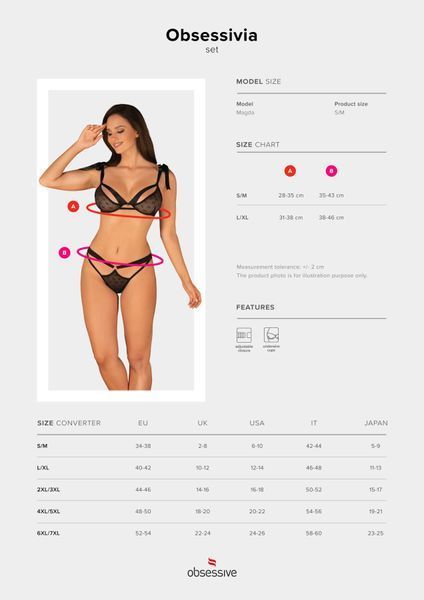 Напівпрозорий еротичний комплект Obsessive Obsessivia 2-pcs set black S/M, бюстгальтер та трусики SO7297