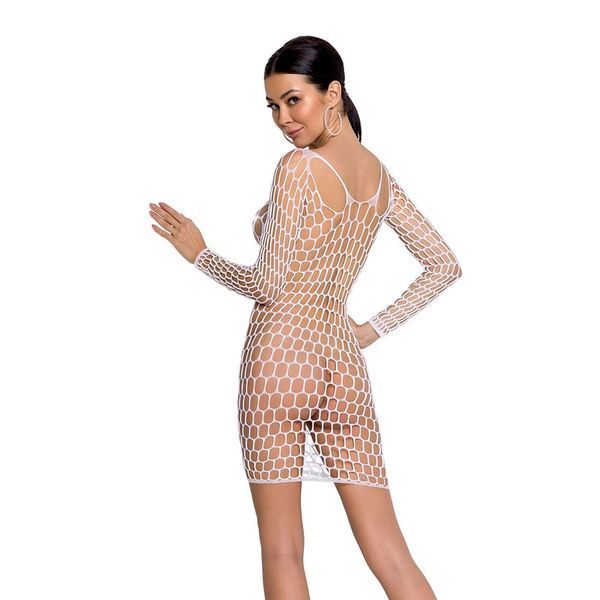 Бодістокінг-сукня з глибоким коміром Passion BS093 white, довгі рукави SO6399