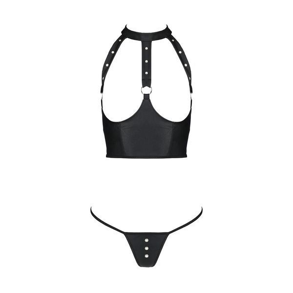 Комплект білизни з відкритими грудьми Passion GENEVIA SET WITH OPEN BRA XXL/XXXL black, корсет, стрі SO8441