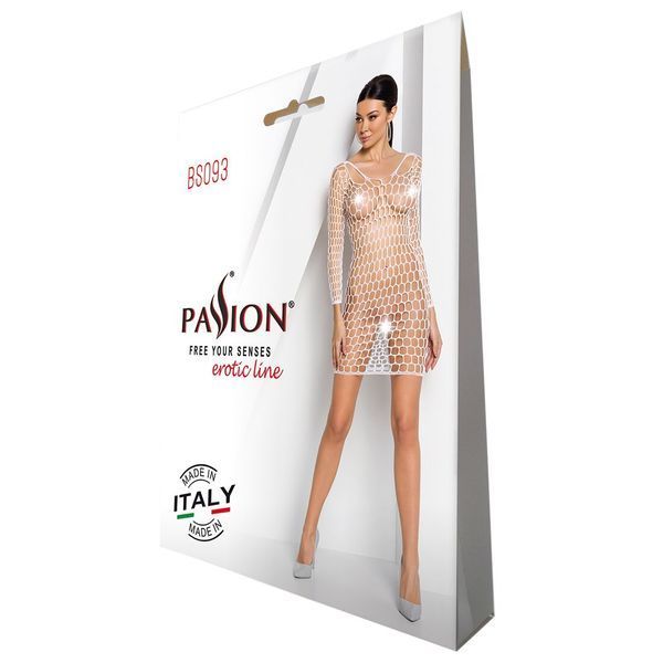Бодістокінг-сукня з глибоким коміром Passion BS093 white, довгі рукави SO6399