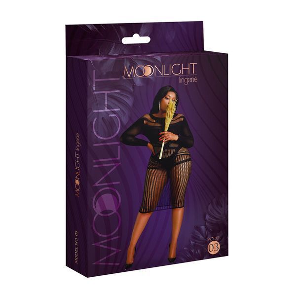 Платье-бодистокинг Moonlight Plus Model 03 XL-XXXL Black, миди, длинный рукав SO8194