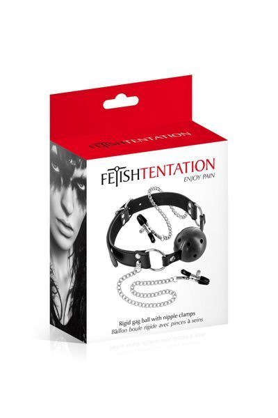 Воздухопроницаемый кляп с зажимами для сосков Fetish Tentation Rigid Gag Ball with Nipple Clamps SO4037