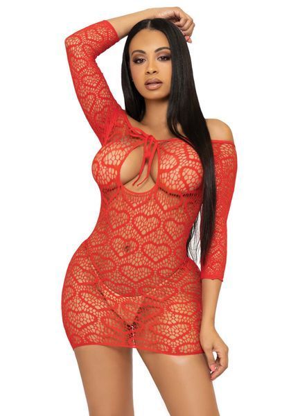 Сукня-сітка з сердечками Leg Avenue Heart net mini dress Red, зав&rsquo;язки, відкриті плечі, one size SO7885