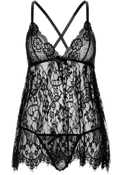 Сорочка бебі-дол Leg Avenue Floral lace babydoll & string Black S, стрінги SO9169