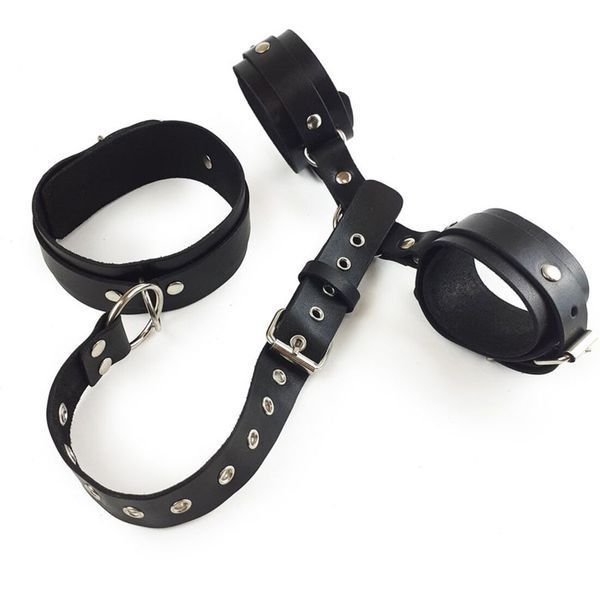 Фиксаторы для шеи и рук Art of Sex - Bondage Set из натуральной кожи, цвет черный SO5184