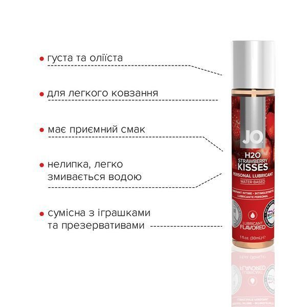 Смазка на водной основе JO H2O &mdash; Strawberry Kiss (30 мл) без сахара, растительный глицерин SO1469