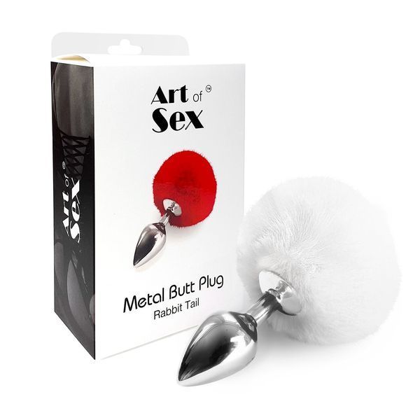Металева анальна пробка М Art of Sex - Metal Butt plug Rabbit Tail White, діаметр 3,4 см SO6962