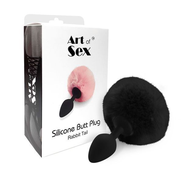 Силіконова анальна пробка М Art of Sex - Silicone Butt plug Rabbit Tail Black, діаметр 3,5 см SO6694