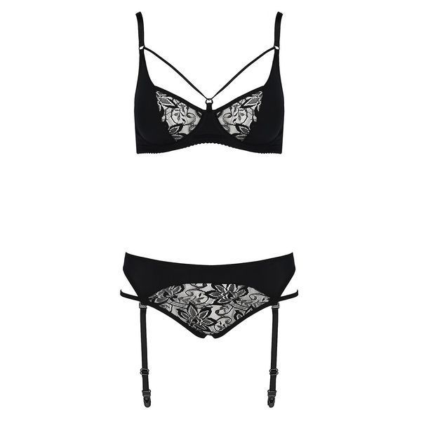 Комплект білизни Passion PAULINE SET L/XL, black, стрепи, ліф, стрінги і пояс для панчох EL15804