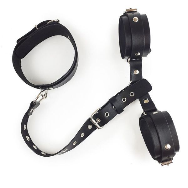 Фиксаторы для шеи и рук Art of Sex - Bondage Set из натуральной кожи, цвет черный SO5184