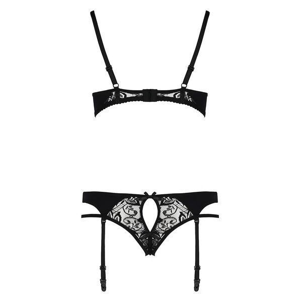 Комплект білизни Passion PAULINE SET L/XL, black, стрепи, ліф, стрінги і пояс для панчох EL15804