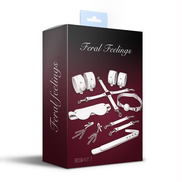 Набор Feral Feelings BDSM Kit 7 White, наручники, поножи, коннектор, маска, паддл, кляп, зажимы SX3982
