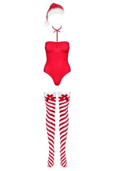 Тедді Obsessive Kissmas teddy, S/M, червоне, без бретелей, чокер, панчохи та шапка з помпоном у наборі SX1152