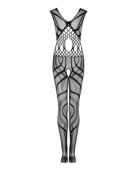 Сетчатый бодистокинг с вырезами и рисунком Obsessive Bodystocking G328 S/M/L, черный, комбинезон SO7249