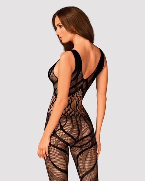 Сетчатый бодистокинг с вырезами и рисунком Obsessive Bodystocking G328 S/M/L, черный, комбинезон SO7249