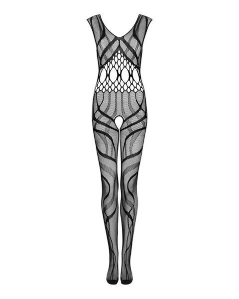 Сетчатый бодистокинг с вырезами и рисунком Obsessive Bodystocking G328 S/M/L, черный, комбинезон SO7249