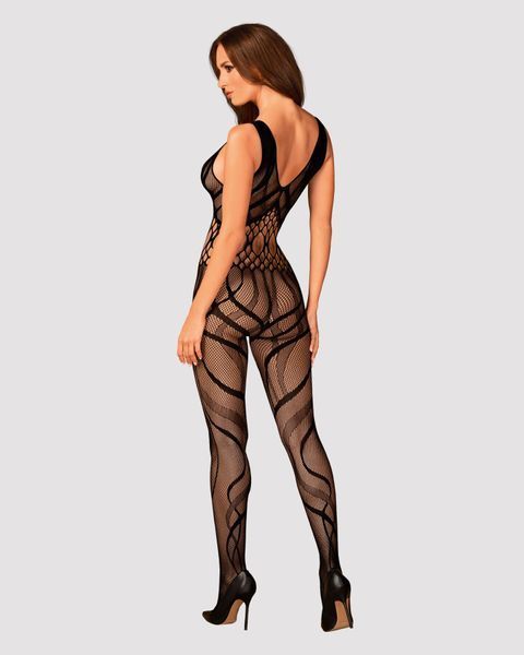 Сетчатый бодистокинг с вырезами и рисунком Obsessive Bodystocking G328 S/M/L, черный, комбинезон SO7249