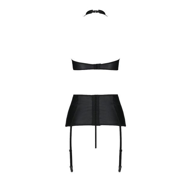Комплект із екошкіри Passion NANCY SET 6XL/7XL black, імітація шнурівки, топ, пояс для панчіх SO7107