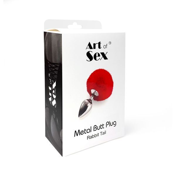 Металлическая анальная пробка М Art of Sex - Metal Butt plug Rabbit Tail Red, диаметр 3,4 см SO6963