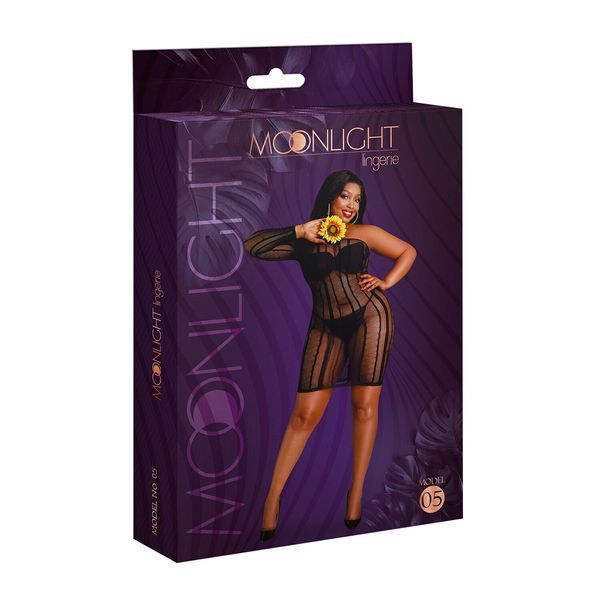 Платье-бодистокинг Moonlight Plus Model 05 XL-XXXL Black, закрытое одно плечо и рукав SO8196