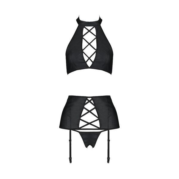 Комплект із екошкіри Passion NANCY SET 6XL/7XL black, імітація шнурівки, топ, пояс для панчіх SO7107